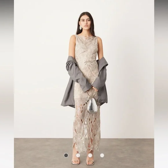 ASOS EDITION nouveau floral embellished low back maxi dress with cut work embroidery in silver ASOS EDITION nouveau floral embellished low back maxi dress with cut work embroidery in silver